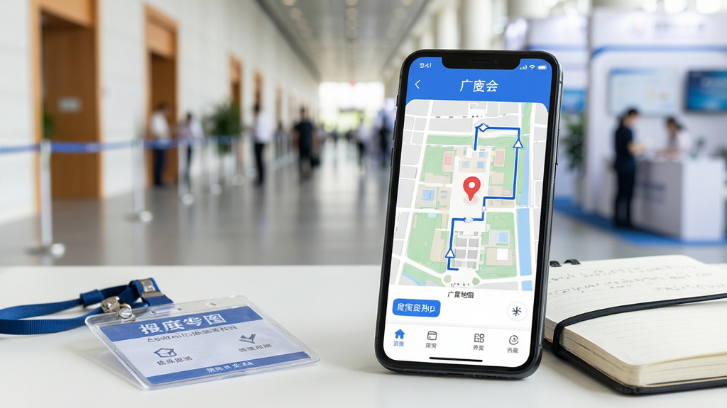 一张手机使用场景图,手机屏幕显示广交会App的展馆地图导航界面,地图上有当前位置标记和路线指引,手机旁边放着参展证和笔记本,背景为展馆走廊虚化效果,风格真实生活化,光线明亮,画质清晰