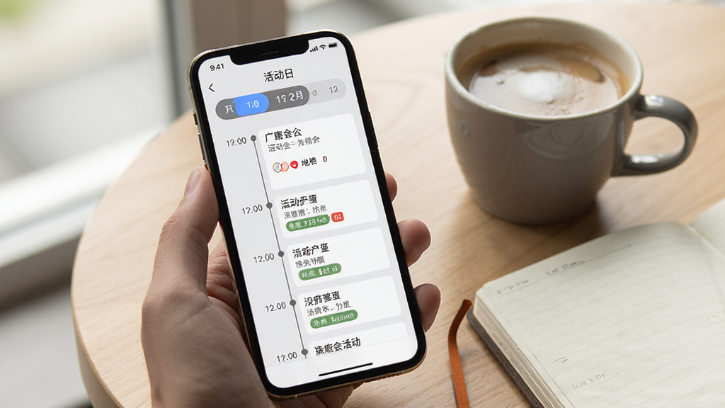手机屏幕显示广交会App的活动日程页面,以时间轴形式排列着多条活动信息,每条包含时间、活动名称和地点标签,页面顶部有日期切换栏,背景为浅灰色,手机旁边放着一杯咖啡和一本笔记本,整体风格生活化商务,光线柔和,画质清晰无杂乱