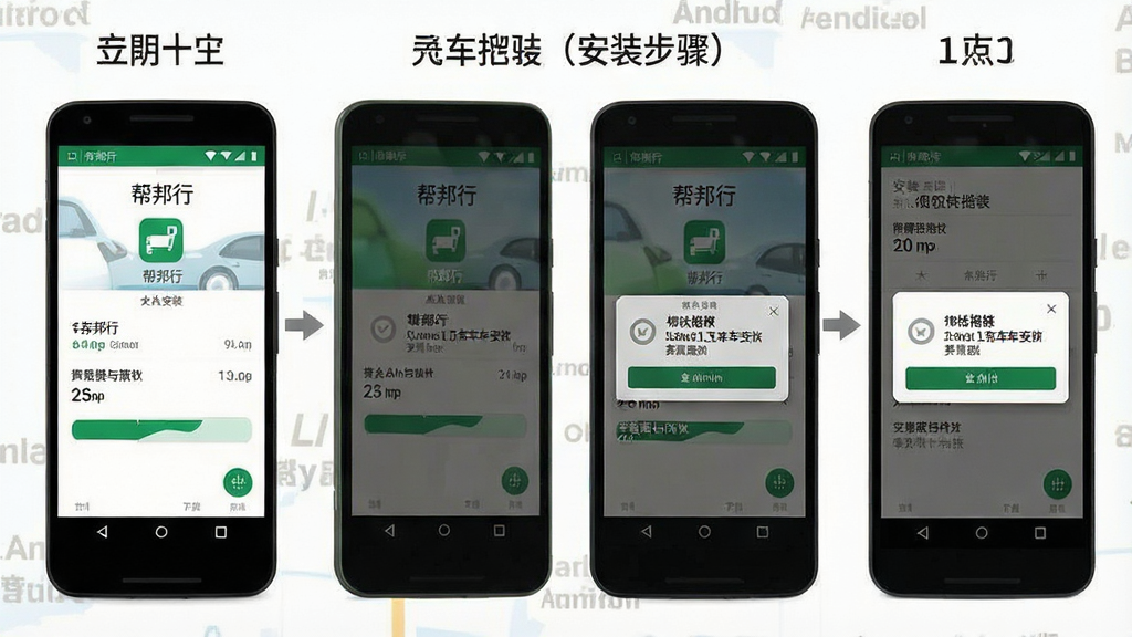 一张展示安卓手机安装打车软件步骤的示意图,画面中手机屏幕显示“帮邦行”安装界面和权限授权弹窗,布局分步骤展示,风格简洁直观,细节清晰,画质干净无多余元素