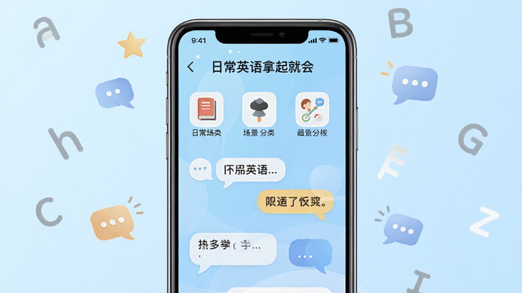 һ��չʾ���ճ�Ӣ������ͻᡱApp���Ľ�����ֻ�����ͼ���ֻ���Ļ��ʾ�ճ�Ӣ�����Ի���ϰҳ�棬������������ͼ��ͶԻ����ݣ�����Ϊǳ��ɫ���䣬��Χ��Ӣ����ĸ�ͶԻ����ŵ�׺����������£����ʸɾ����޶���Ԫ��