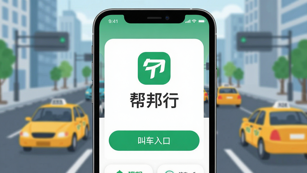 一张手机屏幕展示打车软件主界面的图片,画面中央是“帮邦行”APP的Logo和叫车入口,背景是城市道路与行驶的出租车,布局简洁明了,风格现代扁平化,细节圆润,画质干净清晰,无多余元素