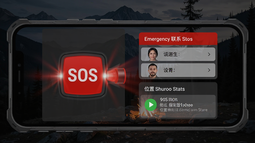 �ֵ�ͲSOS��������SOS��ȹ��ܽ��棬�ֻ���Ļ��ʾ��Ŀ�ĺ�ɫSOS��Ȱ�ť��������˸�ĵƹ�Ч�����Ա��н�����ϵ����������λ����Ϣ����״̬��ʾ������Ϊ��ɫ����ɽ�ֳ�����������Ӳ��ʵ�ã���ɫ�������ɫͻ�������У����ʸɾ����䣬������Ԫ��