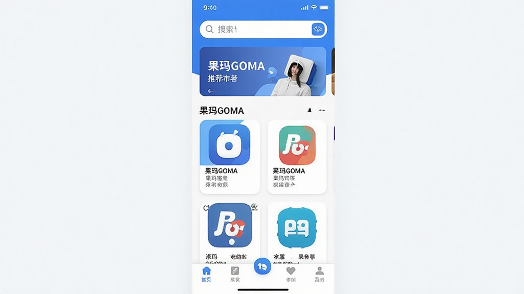һ���ֻ�Ӧ���̵�����չʾͼ�����������ǡ�����GOMA��Ӧ���г���ҳ����������������Ƽ�������м������Ÿ���Ӧ��ͼ�꿨Ƭ���ײ�Ϊ���������������������ɫ�������ˬ�ִ�����ƽ����ƣ������������������ʸɾ�ϸ�壬�޶���Ԫ��