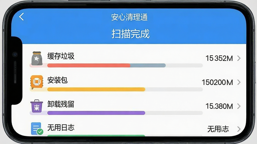 一张手机屏幕截图风格图片,展示“安心清理通”的垃圾扫描结果页面,页面顶部有“扫描完成”字样,下方用不同颜色的进度条和列表展示“缓存垃圾”、“安装包”、“卸载残留”、“无用日志”等分类,每一项后面标注了占用空间大小,界面设计简洁直观,风格扁平化,画质干净