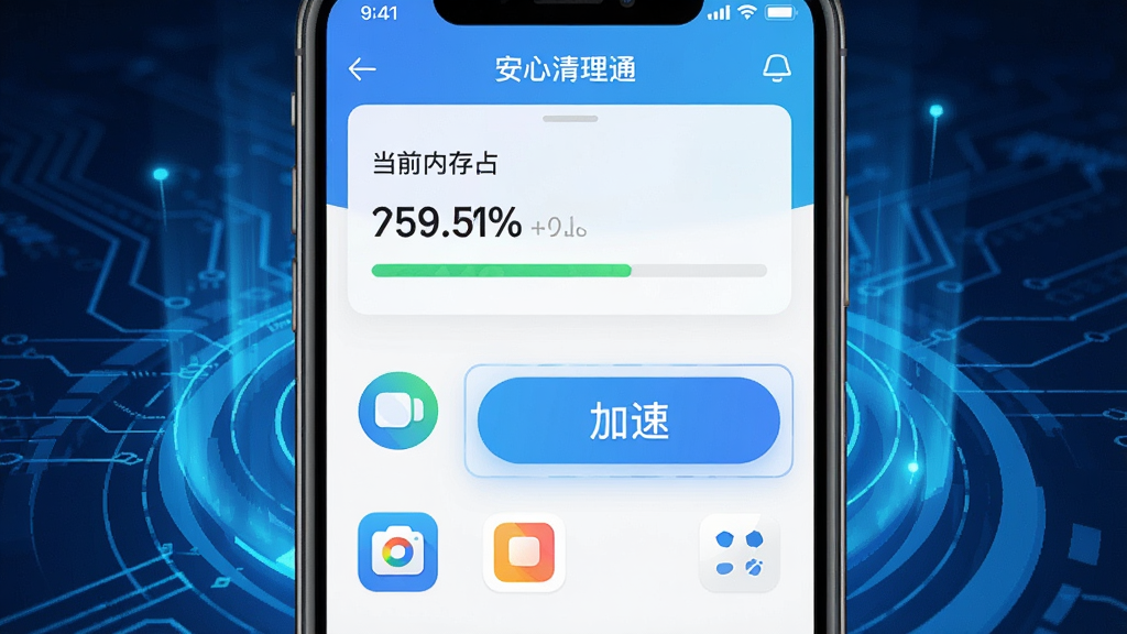 一张展示手机内存加速功能的界面图,画面中“安心清理通”的加速界面显示当前内存占用百分比,下方列出正在运行的后台应用图标,有一个醒目的“加速”按钮,背景是科技感的蓝色光效,风格现代,细节清晰,画质干净