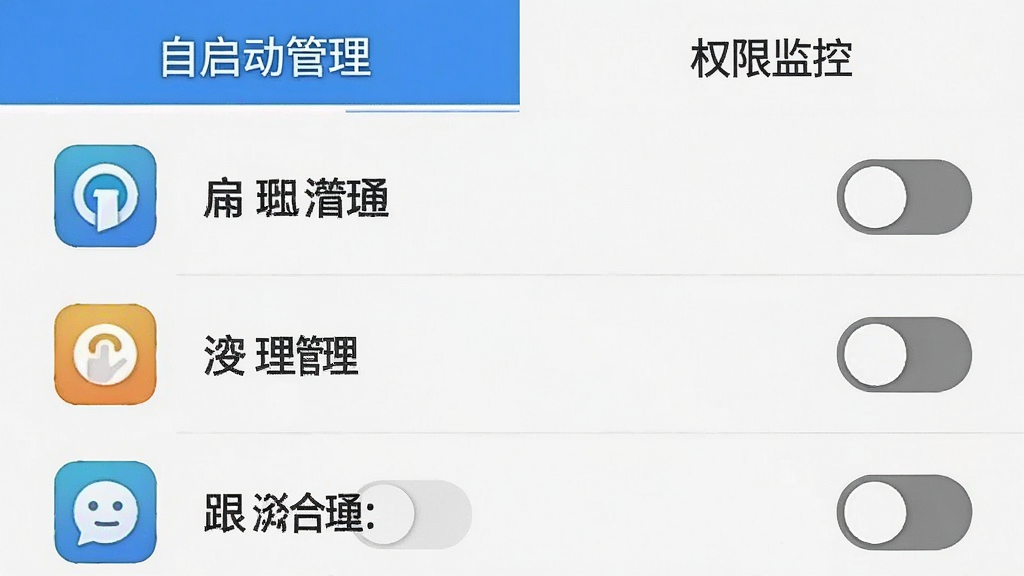 一张手机界面示意图,展示“安心清理通”的自启动管理页面,列表中排列着多个应用图标,每个应用右侧有开关按钮,部分开关处于关闭状态,界面顶部有“自启动管理”和“权限监控”两个标签页,风格简洁实用,画质清晰