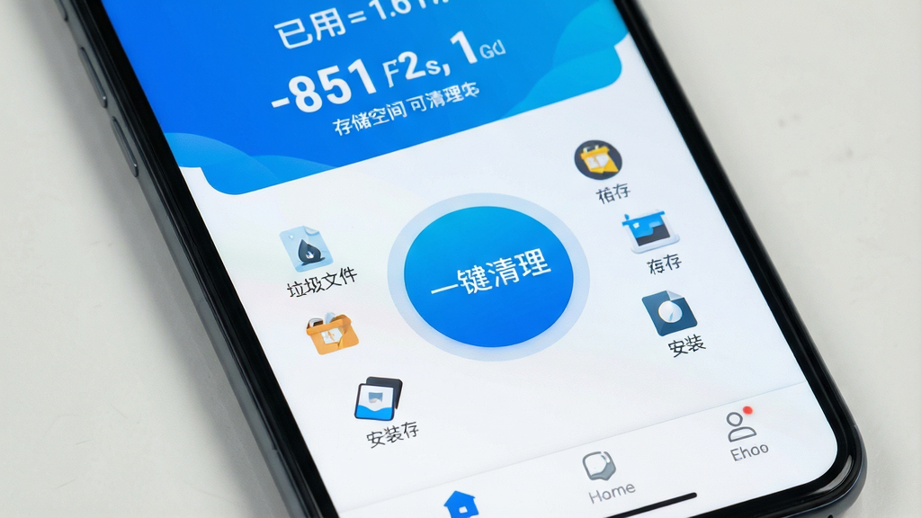 一张手机屏幕特写,画面中央是“安心清理通”APP的主界面,界面采用蓝白渐变配色,顶部显示手机存储空间已用和可清理的醒目数字,中间是一个大大的圆形“一键清理”按钮,周围环绕着垃圾文件、缓存、安装包等小图标,底部导航栏简洁明了,整体风格干净清爽,画质清晰,无多余元素