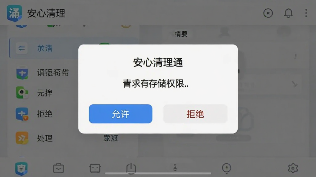 一张手机屏幕截图,展示“安心清理通”的权限请求弹窗,弹窗内容为请求存储权限,界面下方有“允许”和“拒绝”两个按钮,背景是软件主界面,风格简洁,画质清晰
