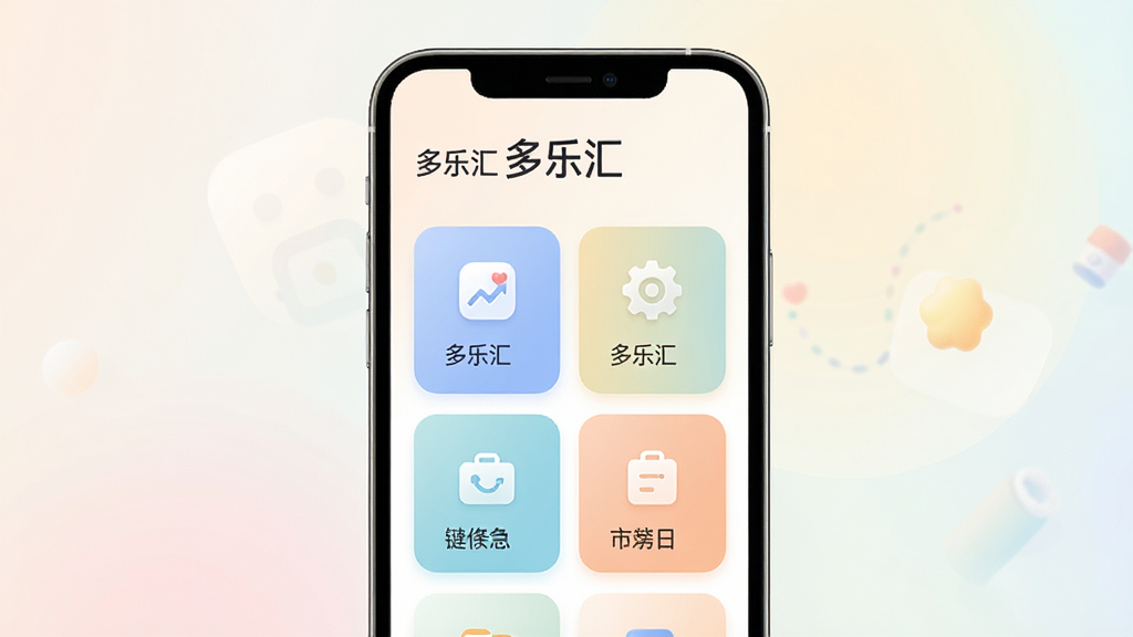 一张手机应用界面展示图,画面中央是“多乐汇”软件的主页,顶部有软件名称“多乐汇”字样,页面布局简洁,包含几个功能卡片入口,背景为柔和的浅色渐变,风格现代扁平化,细节圆润,画质干净清晰,无多余元素