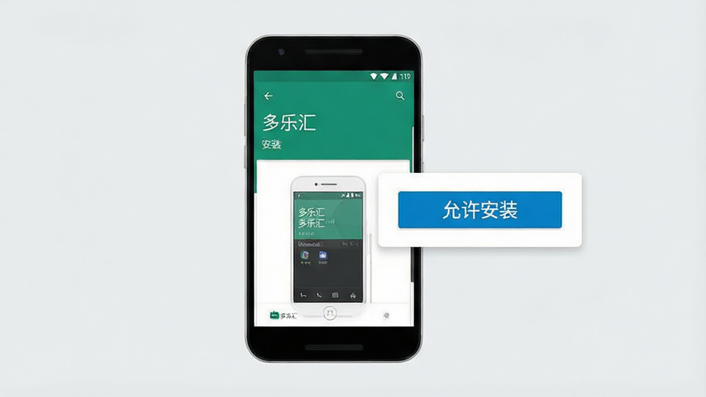 一张展示安卓手机安装应用步骤的示意图,画面中手机屏幕显示“多乐汇”安装界面,旁边有“允许安装”按钮的提示框,背景为浅灰色,风格简洁明了,画质干净清晰,无多余文字装饰
