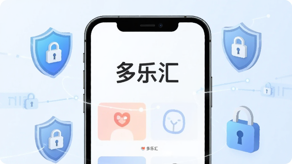 一张表现“多乐汇”隐私安全概念的插画,画面中一部手机屏幕显示“多乐汇”界面,周围有盾牌和锁的图标元素环绕,背景为淡蓝色科技感渐变,风格干净利落,画质清晰,无多余文字和装饰