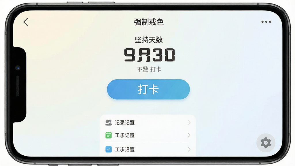 一张手机应用界面截图,画面中央是“强制戒色”应用的主页,背景为干净的浅色渐变,顶部显示“坚持天数”的大数字,中间是一个醒目的打卡按钮,底部是简洁的记录列表和设置图标,风格清爽扁平化,细节圆润,画质干净清晰,无多余广告元素