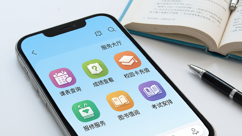 ��������ְҵ����ѧԺ����У԰App�ķ������������д������չʾ�ֻ���Ļ�ϵĹ���ͼ�����񣬰����α���ѯ���ɼ��鿴��У԰����ֵ�����޷���ͼ����ġ����԰���������ɫͼ�꣬ͼ���·������ı�ǩ��������ǳ��ɫ���䣬�ֻ��Ա߷���һ�������Ŀα���һ֧�ʣ���������죬���ʸɾ��������޶���Ԫ��