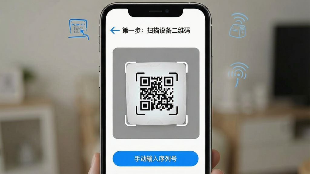 ������App��װ���豸������ʾ��ͼ���ֻ���Ļ��ʾ�����豸���棬�м���ɨ���豸��ά���ȡ�����·��С��ֶ��������кš���ť����Ļ�Ϸ��в�����ʾ����һ����ɨ���豸��ά�롱�������԰�ɫ����������ɫ������ť�����������ʽ��ƣ�ͼ�����������ʸɾ��޶���Ԫ��