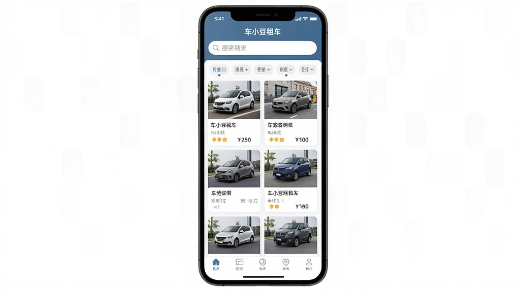 �ֻ���Ļ��ʾ����С���⳵��APP�ĳ����б����棬�������������ɸѡ��ǩ���м����������еĳ�����Ƭ��ÿ�ſ�Ƭ��������ͼƬ�����ƺͼ۸񣬵ײ��е����������岼������������ִ���ƽ�����ʸɾ��޶���Ԫ��