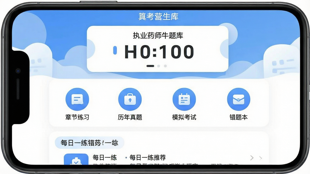 һ���ֻ�Ӧ�ý���չʾͼ������Ϊ��ִҵҩʦţ��⡱APP��ҳ�������Ϸ���ҩ������ʱ��Ƭ���м����½���ϰ���������⡢ģ�⿼�ԡ����Ȿ�ĸ��������ͼ�꣬�·���ÿ��һ���Ƽ��б����Ű��������������Ϊ��ˬ���ױ�ƽ����ƣ�ϸ��Բ��ͼ�꾫�£����ʸɾ����壬�޶���Ԫ��