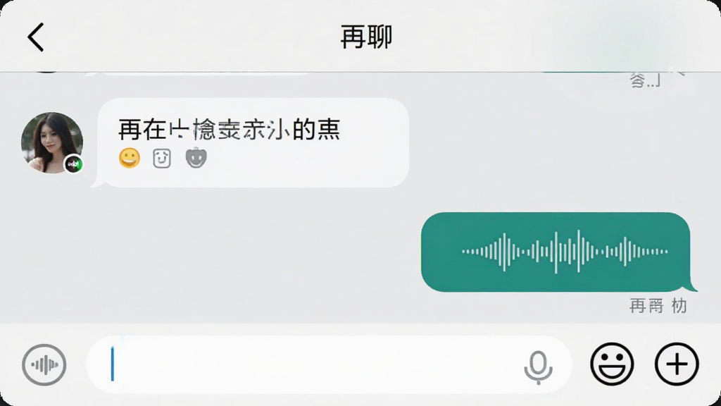 手机界面特写,展示“再聊”聊天窗口,左侧为好友发来的文字消息气泡,右侧为已发送的语音消息条,顶部有返回箭头和好友昵称,底部输入框旁有表情和加号图标,背景为浅灰色,风格简洁干净,画质清晰无杂乱元素