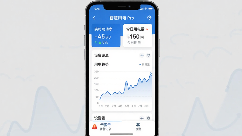 智慧用电 Pro 应用主界面展示,手机屏幕居中,顶部显示实时功率和今日用电量数字卡片,中部为设备列表与用电趋势折线图,底部为告警记录与设置选项卡,蓝白配色,扁平化设计,界面干净整洁,画质清晰,无多余元素