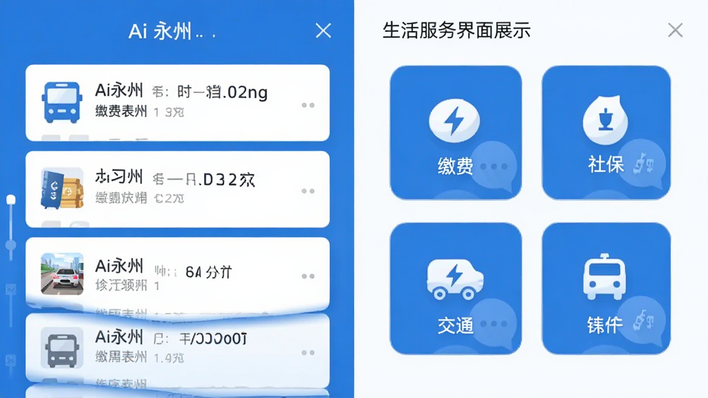 “Ai永州”应用功能界面展示,画面左侧为资讯列表卡片,右侧为生活服务图标矩阵,包含缴费、社保、交通等图标,整体采用蓝白配色,扁平化设计风格,界面排版整齐,画质干净无杂乱元素