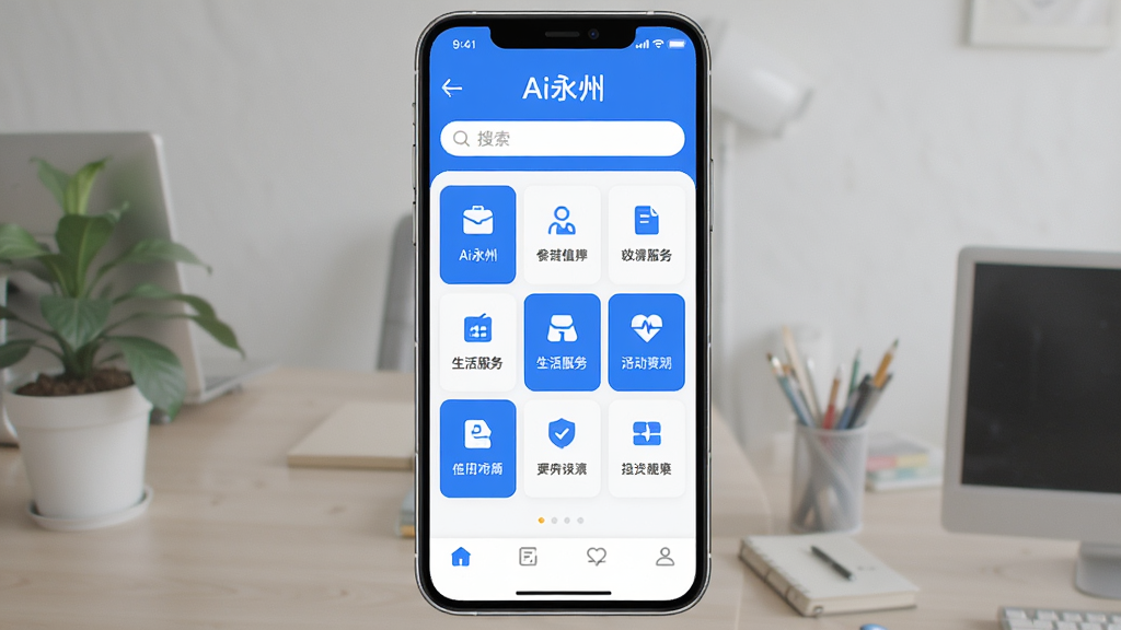 手机屏幕中央展示“Ai永州”应用主界面,整体布局为顶部城市名称与搜索栏,中部为生活服务功能卡片九宫格,底部为导航栏,风格简洁现代扁平化,蓝白配色为主,画质干净清晰,无多余装饰元素