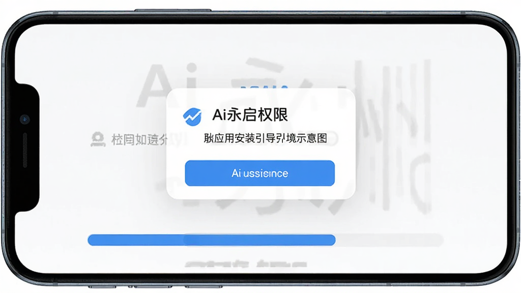 “Ai永州”应用安装引导界面示意图,手机屏幕显示权限开启提示弹窗与安装进度条,界面风格简洁,蓝白配色,文字标签清晰,整体画质干净,无多余装饰