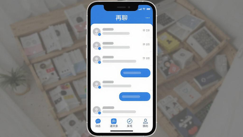 手机屏幕中央展示“再聊”聊天软件主界面,顶部显示软件名称“再聊”,中间是对话列表和聊天气泡,底部为消息、通讯录、发现、我的四个标签栏,整体布局清晰,蓝白配色,扁平化设计风格,细节圆润,画质干净,无多余元素