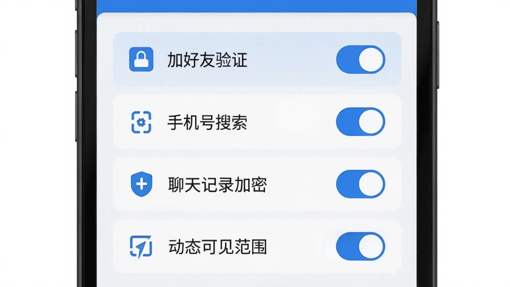 再聊隐私设置页面展示,屏幕中显示“加好友验证”“手机号搜索”“聊天记录加密”“动态可见范围”等开关选项,界面排版整齐,蓝白配色,扁平化设计,图标简洁,画质干净,无多余元素
