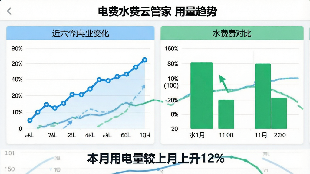 一张横向展开的图表界面截图,标题为“电费水费云管家”用量趋势,左侧为蓝色折线图展示近六个月电费变化,右侧为绿色柱状图展示水费对比,图表下方有“本月用电量较上月上升12%”的文字标注,整体风格为清爽的数据仪表盘,白底蓝绿主色,线条粗细适中,画质清晰锐利,无杂乱背景