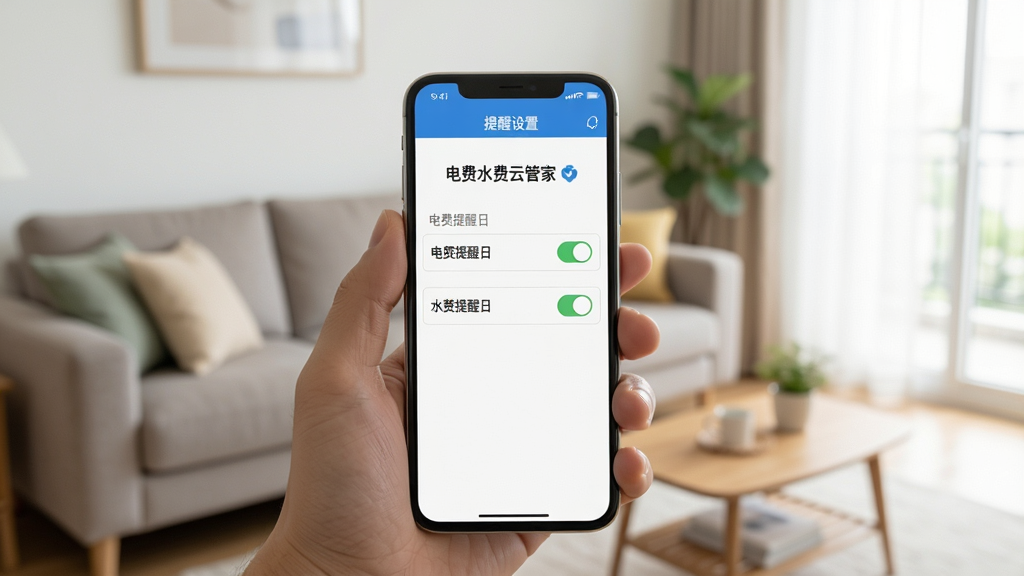 一只手拿着手机,屏幕显示“电费水费云管家”的提醒设置页面,页面中有“电费提醒日”“水费提醒日”两个选项,旁边有开关按钮处于开启状态,背景为家居客厅环境,风格写实自然,光线明亮柔和,画质干净清晰,无多余贴纸或水印