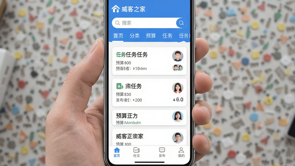 手机屏幕中央展示“威客之家”应用主界面,顶部是搜索栏和分类标签,中间是卡片式任务列表,每张卡片上有任务标题、预算金额和发布者头像,底部导航栏清晰,整体采用蓝白配色,扁平化设计风格,界面干净整洁,画质清晰,无多余元素