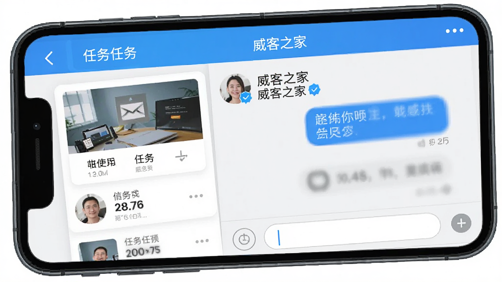 手机屏幕展示“威客之家”消息聊天界面,左侧是任务卡片缩略图,右侧是对话气泡,顶部显示对方昵称和实名认证标识,底部输入框干净,整体界面清爽,蓝白配色,画质清晰