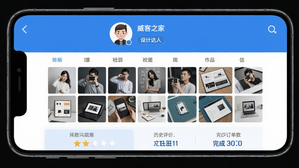 手机屏幕展示“威客之家”个人主页界面,顶部是用户头像和昵称,下方有“设计达人”标签,中间是作品集缩略图网格,底部显示历史评价星级和完成订单数,界面排版清晰,蓝白配色,画质干净