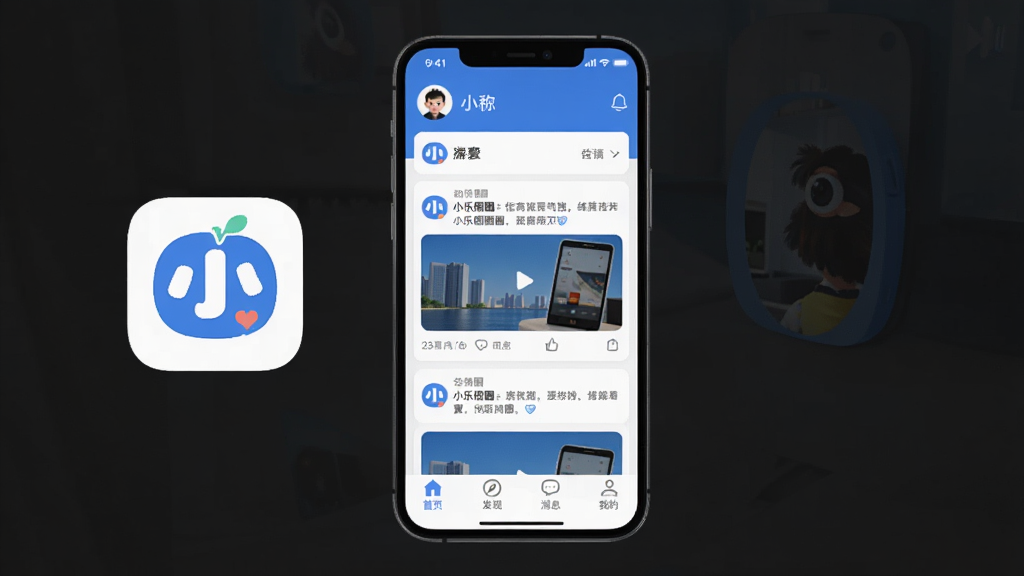 一张手机应用界面展示图,画面中央是「小乐圈圈」的APP图标和主界面截图,界面以蓝白色调为主,顶部显示用户头像和昵称,中间是动态信息流卡片,底部有首页、发现、消息、我的四个导航标签,背景干净简洁,风格现代扁平化,画质清晰,无多余元素