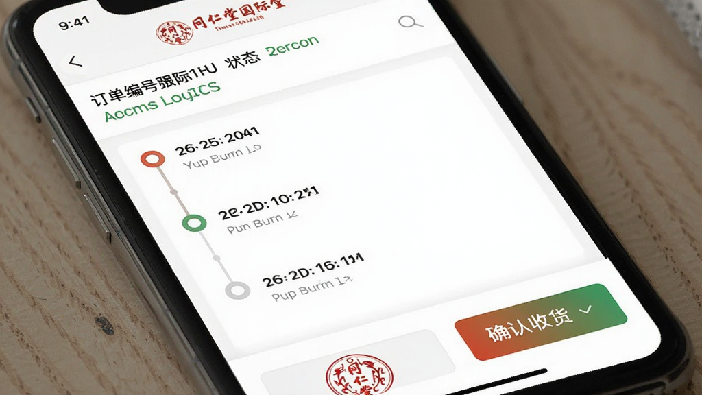 一张展示“同仁堂国际”App订单物流跟踪页面的手机界面图,主体为手机屏幕,屏幕内显示一个订单的物流详情,顶部有订单编号和状态,中间是物流节点时间线,底部有客服和确认收货按钮,布局清晰,风格为实用的工具类App界面,细节干净,画质清晰,无多余元素