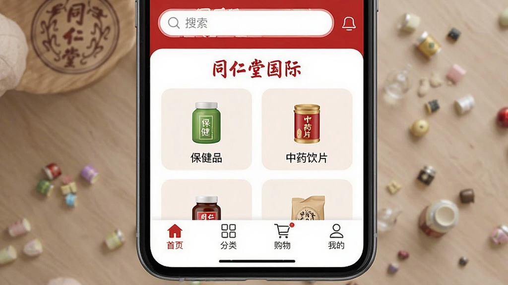 一张展示“同仁堂国际”App首页的手机界面图,主体为手机屏幕,屏幕内显示同仁堂国际的商城首页,顶部有搜索框和“同仁堂国际”字样,中间是保健品和中药饮片的分类图标,底部是首页、分类、购物车、我的四个导航栏,布局清晰,排版整齐,风格为现代简约的电商App设计,细节圆润,画质干净清晰,无多余元素