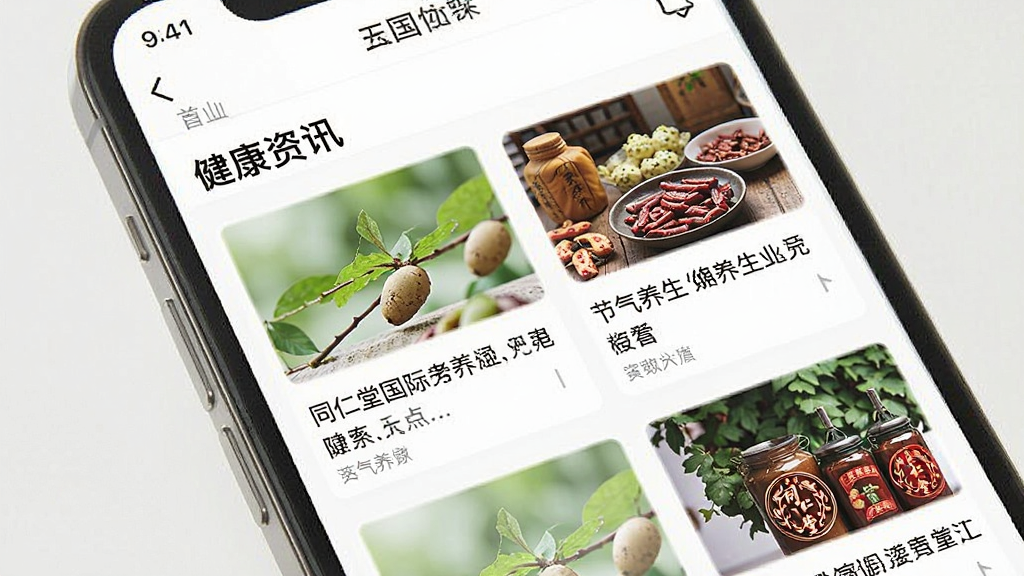 一张展示“同仁堂国际”App健康资讯页面的界面图,主体为手机屏幕,屏幕内显示一篇关于节气养生的文章列表,顶部有“健康资讯”标题,文章配图清新,排版疏朗,风格为简洁的阅读类App界面,细节干净,画质清晰,无多余元素