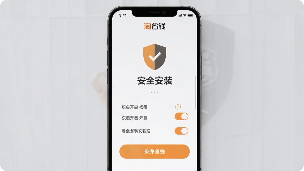 AI��ͼ������չʾ����ʡǮ��APP��װ����ҳ�棬�ֻ���Ļ������һ������ͼ��͡���ȫ��װ���������·���Ȩ�޿����Ŀ����б���������ǳ��ɫ�Ͱ�ɫΪ�ף�ů��ɫ������ť��������Ѻã����ʸɾ�����
