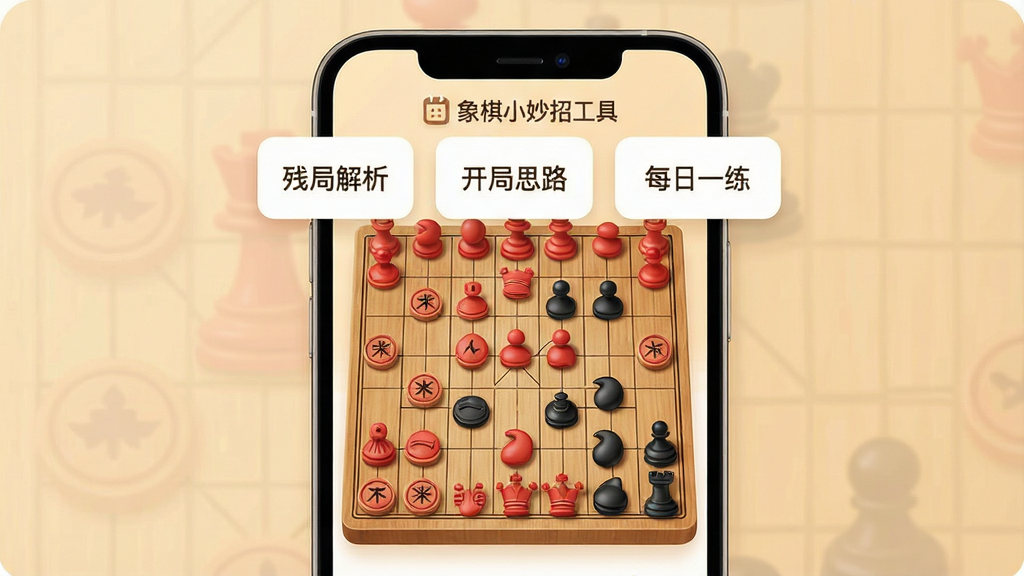 一张展示“象棋小妙招工具”应用主界面的手机样机图,画面中央是木质纹理的象棋棋盘,红黑棋子错落摆放,棋盘上方悬浮着简洁的功能卡片,写着“残局解析”“开局思路”“每日一练”等字样,背景是温暖的米黄色调,整体风格清爽扁平,细节圆润,画质干净清晰,无多余装饰元素