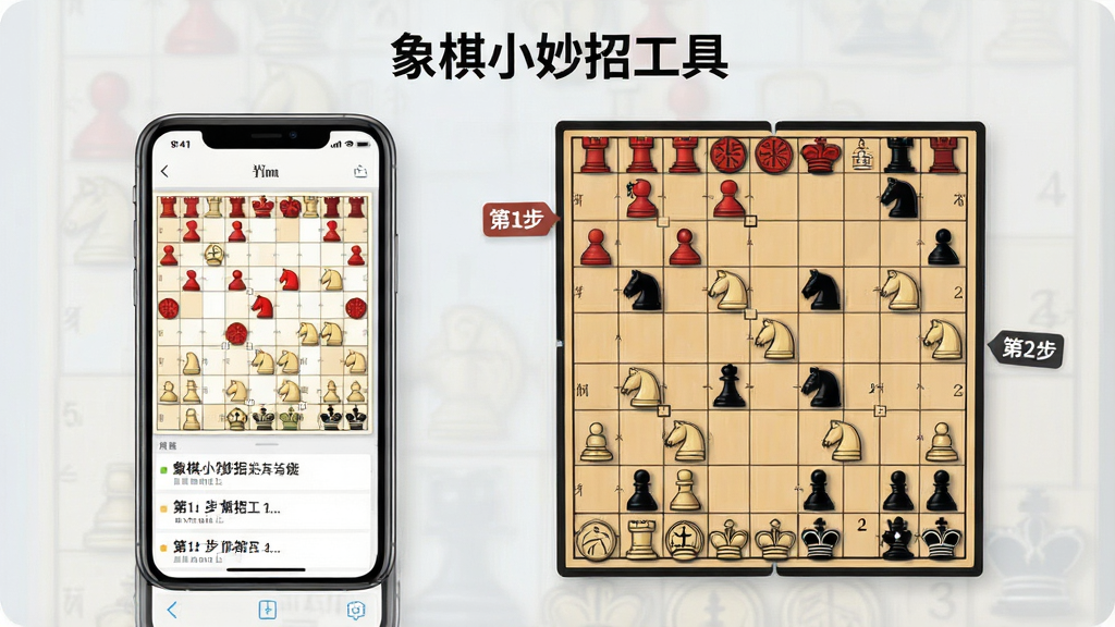一张“象棋小妙招工具”功能展示图,画面左侧是手机屏幕显示残局破解步骤列表,右侧是展开的象棋棋盘示意图,红方黑方棋子清晰,棋盘旁有“第1步”“第2步”的小标签,背景浅灰,风格简洁现代,画质干净,无杂乱元素