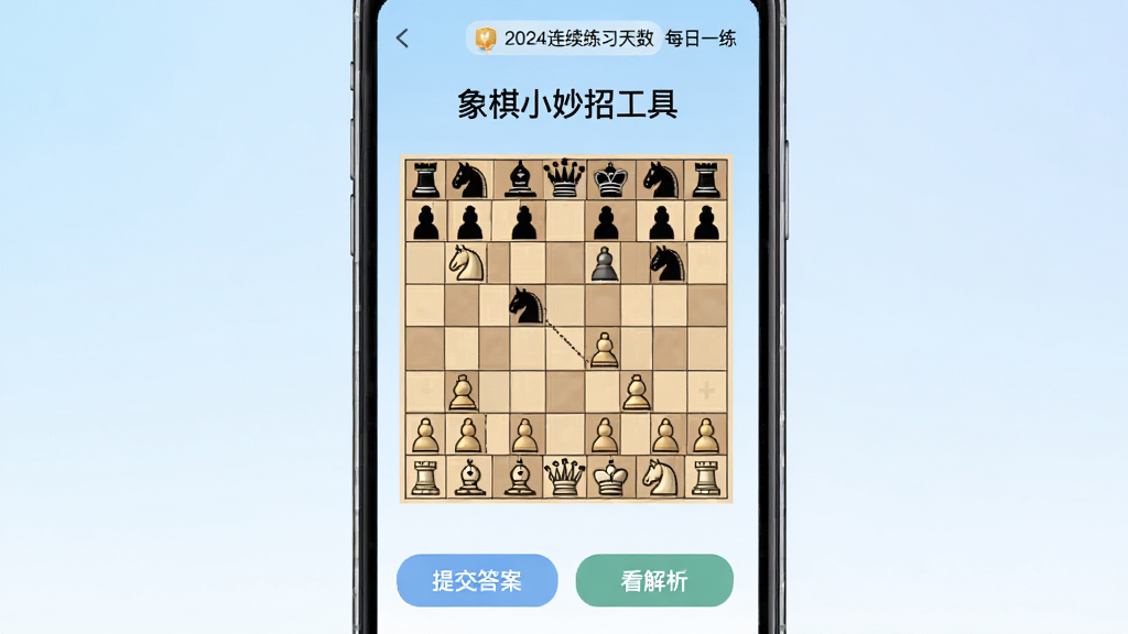 一张“象棋小妙招工具”每日一练界面的示意图,手机屏幕中央显示一道象棋残局题目,棋盘下方有“提交答案”和“看解析”两个按钮,顶部有日期和连续练习天数的小标识,背景为淡蓝色渐变,风格清新简约,画质干净,无多余元素