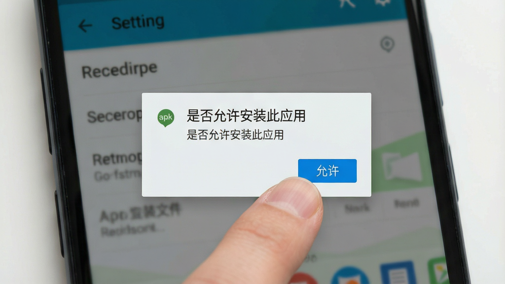 一张展示安卓手机安装apk文件过程的示意图,屏幕上弹出“是否允许安装此应用”的提示框,手指正点击“允许”按钮,背景是手机设置界面的模糊虚化,风格写实清晰,画质干净,无多余元素