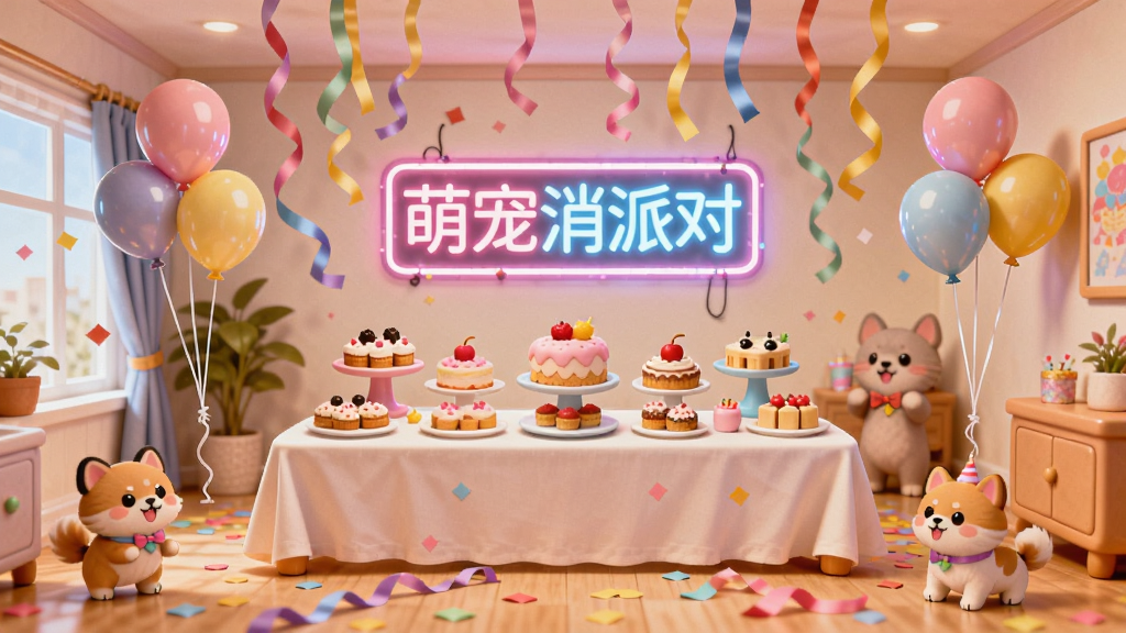 画面展示一个卡通风格的虚拟派对房间,房间中央是摆满甜点的长桌,周围漂浮着彩色气球和飘带,墙上挂着霓虹灯牌写着“萌宠消派对”,几只可爱的卡通宠物在房间里嬉戏,地面有彩纸屑,整体色调温暖明亮,画质干净清晰,布局错落有致