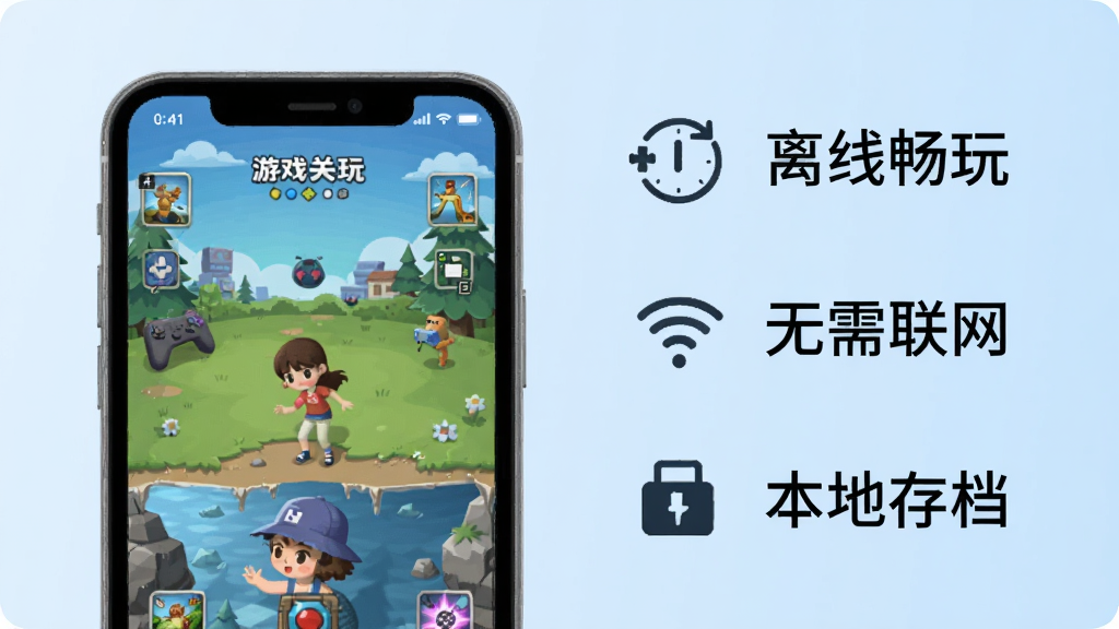 画面是一张信息图风格的插图,左侧是一部手机屏幕显示游戏关卡界面,右侧列举了“离线畅玩”“无需联网”“本地存档”三个图标标签,背景是浅蓝色渐变,整体简洁明了,文字清晰,画质干净,无多余装饰