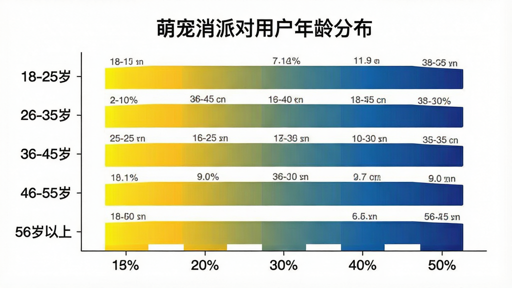 一张横向柱状图,标题为“萌宠消派对用户年龄分布”,纵轴列出五个年龄段“18-25岁”“26-35岁”“36-45岁”“46-55岁”“56岁以上”,横轴为百分比刻度,柱条颜色从左到右由亮黄渐变到深蓝,图表风格简洁现代,数据标签清晰可见,背景纯白,画质干净