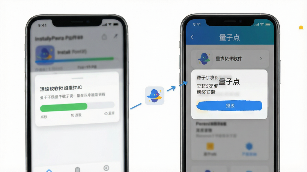 一张展示量子点软件在手机上的安装步骤示意图,画面中手机屏幕显示安装进度条和权限设置界面,软件名称“量子点”出现在安装弹窗标题处,风格简洁直观,色彩明快,画质干净,无多余元素