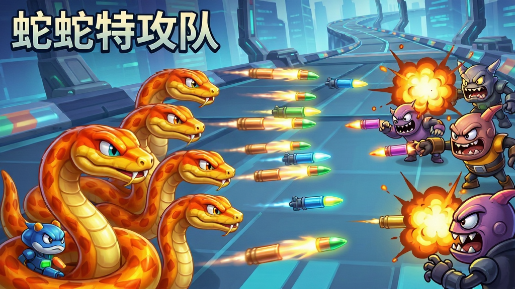 一张展示蛇蛇特攻队贪吃蛇射击玩法的图片,画面主体是一条长长的蛇蛇特攻队队伍正在向迎面而来的敌人发射彩色子弹,布局为战斗特写视角,左侧是玩家控制的蛇队,右侧是造型各异的卡通敌人,风格为动感卡通渲染,细节包括子弹拖尾光效、蛇头表情坚毅、敌人被击中时的爆炸小动画、背景是未来感十足的科技赛道,画质明亮清晰,无多余元素,图片中带有“蛇蛇特攻队”文字。