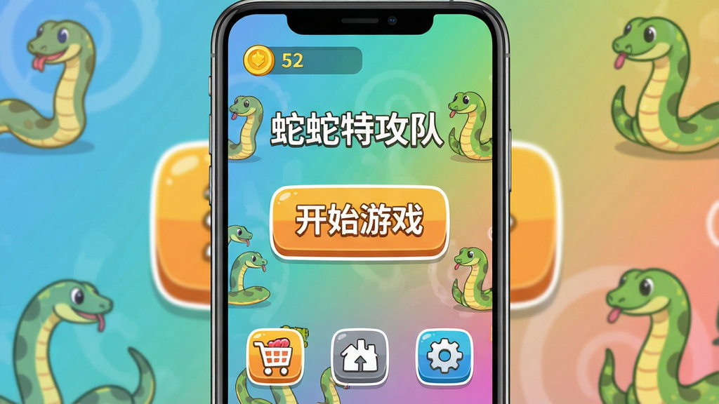 一张展示蛇蛇特攻队清爽游戏界面的图片,画面主体是游戏主菜单和关卡选择界面,布局为手机屏幕截图样式,中央是醒目的开始游戏按钮,四周分布着商店、排行榜和设置图标,风格为扁平化卡通UI设计,细节包括金币数量显示、无任何广告横幅、背景是渐变色的卡通蛇形图案,画质干净整洁,无多余元素,图片中带有“蛇蛇特攻队”文字。