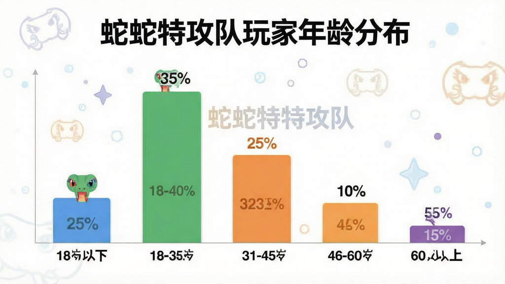 一张展示蛇蛇特攻队不同年龄段用户占比的图片,画面主体是一个柱状图或饼状图,布局为信息图表样式,图表标题为“蛇蛇特攻队玩家年龄分布”,数据展示18岁以下约占25%、18-30岁约占35%、31-45岁约占25%、46-60岁约占10%、60岁以上约占5%,风格为扁平化数据可视化设计,细节包括不同颜色区分年龄段、百分比数字清晰标注、背景干净,画质清晰整洁,无多余元素,图片中带有“蛇蛇特攻队”文字。