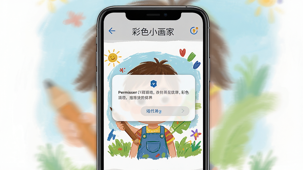 一张手机屏幕显示“彩色小画家”绘画过程并带有权限设置弹窗的示意图,画面主体是手机和权限提示框,布局居中,风格写实简洁,细节清晰,画质干净,无多余元素