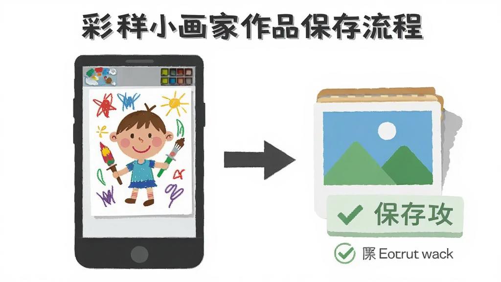 一张展示“彩色小画家”作品保存流程的示意图,画面里手机屏幕显示一张完成的彩色涂鸦,旁边有一个相册图标和箭头指向保存成功提示,主体是手机与相册图标的组合,布局简洁,风格扁平化,细节清晰,画质干净,无多余元素